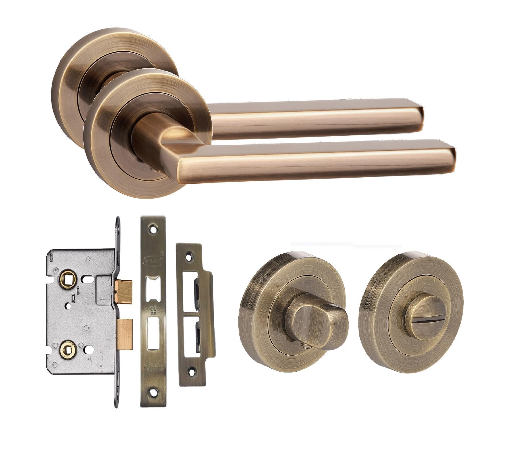 Golden Grace Leon Design Bathroom Door Handle Set Thumbturn and Mortise Lock Antique Brass