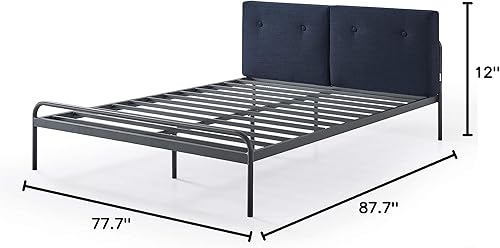 Miniatura 64 de Mellow Maggie - Cama de plataforma de metal con cabecera tapizada con cojín, listones de acero, fácil montaje, gris cielo, tamaño Queen Gris (Sky