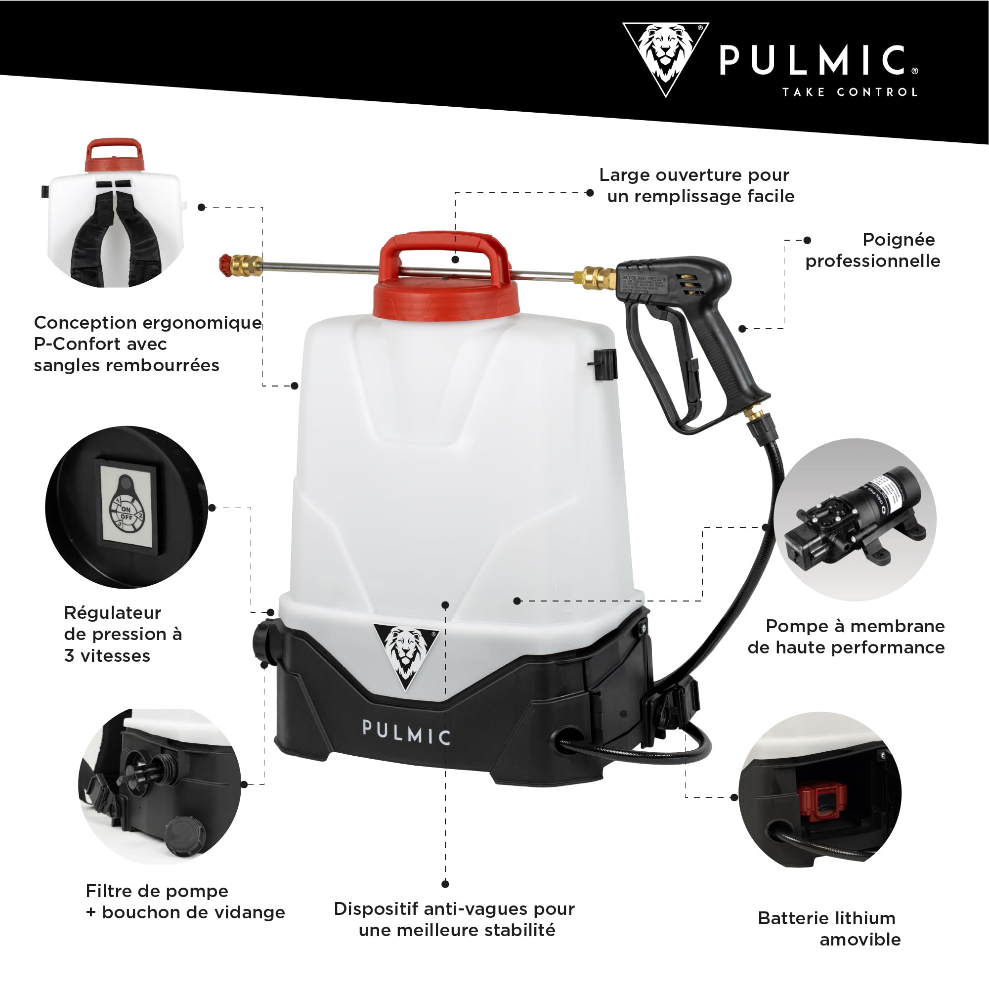 PULMIC Pegasus 15 Pulvérisateur Électrique 15 L 25 V Max 7 Bars 3 Vitesses Buses Interchangeables