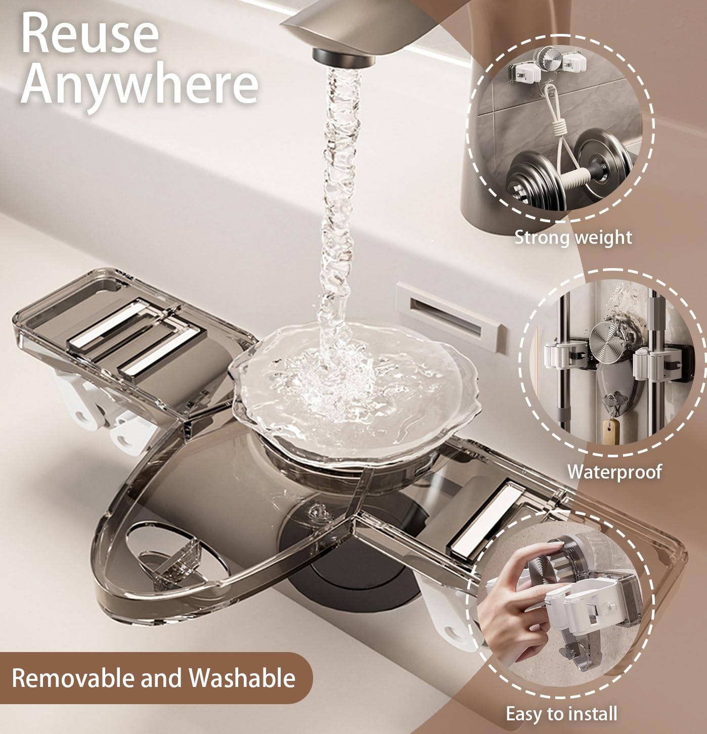 Vurlexat Broom Holder Mop Hanger, No Punching Required Broom Hanger Organizer, Wall Mount Mop Grippers for Bathroom, Kitchen, Utility Room, Laundry, Garden Storage Organization Rack(Transparent Gray)