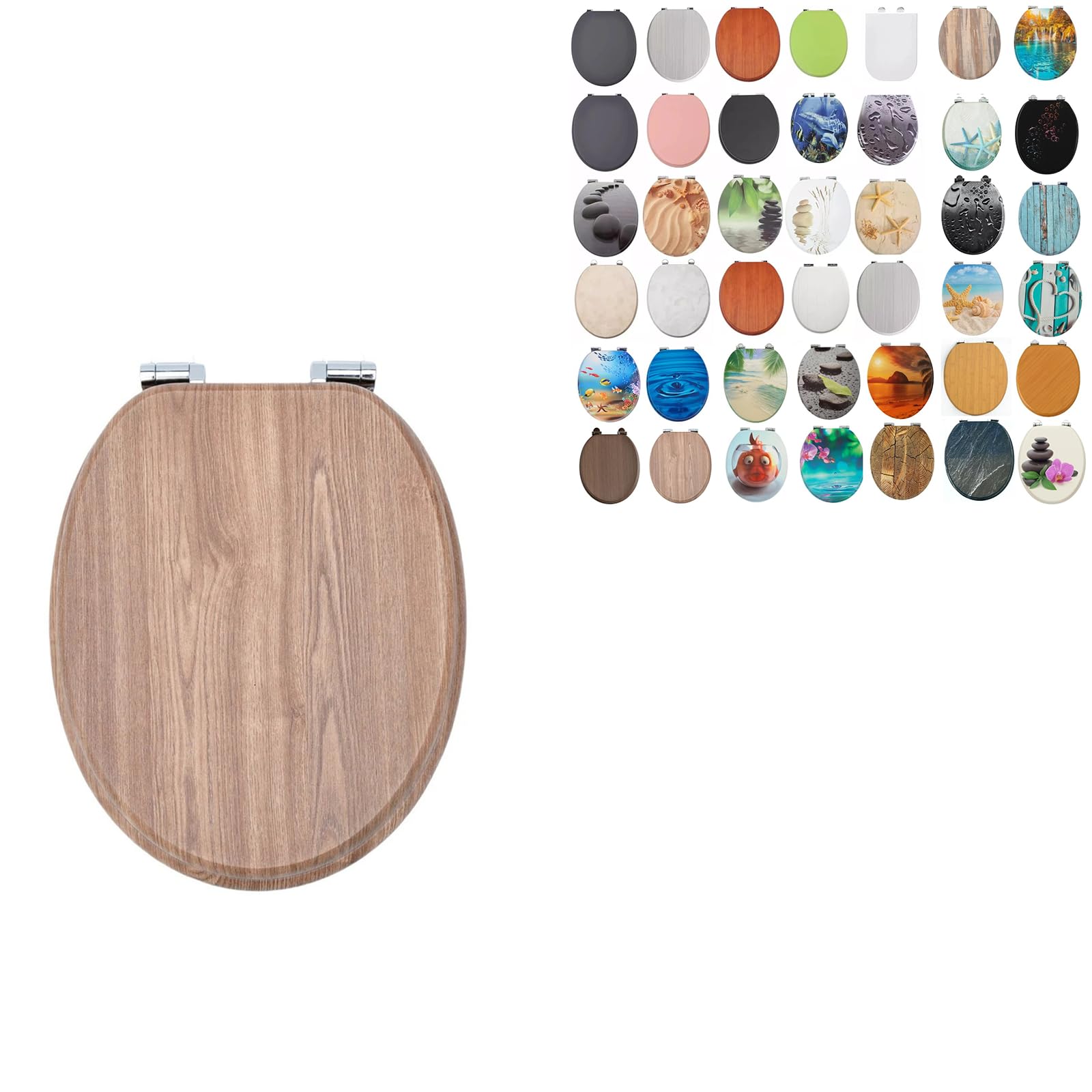 18" Universal MDF WC Toilet Seat – Easy Fit with Strong Zinc Alloy Hinges, Smooth Wipe Surface – Fits All Water Closets (Light Brown Wood Grain) — image 1