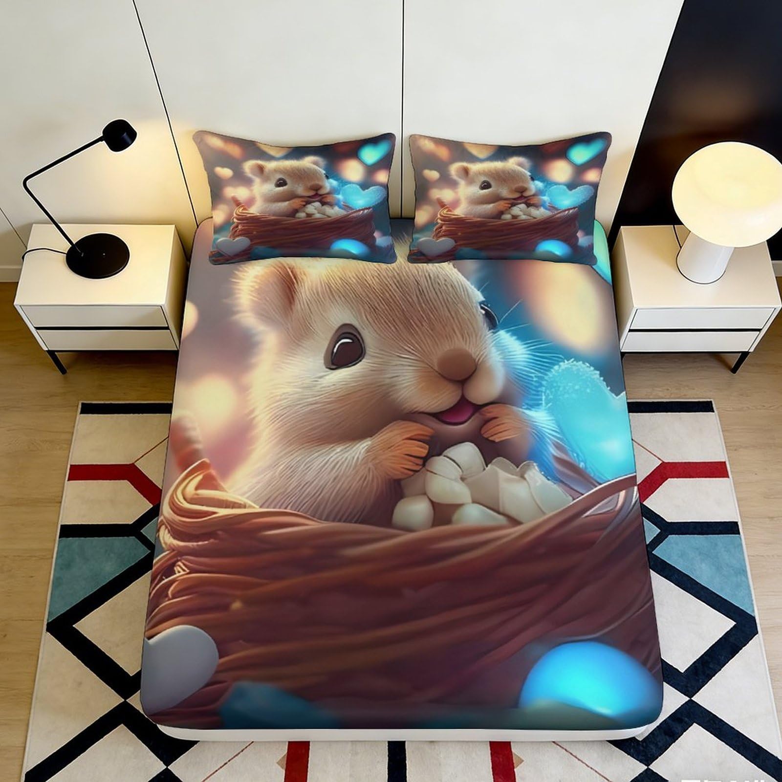 3D Printed Cute Hamster Basket Fitted Sheet Microfiber Soft Anti-Slip Animal Bed Cover for Bedroom Dorm Mattress Protection Decor 90x200x25cm