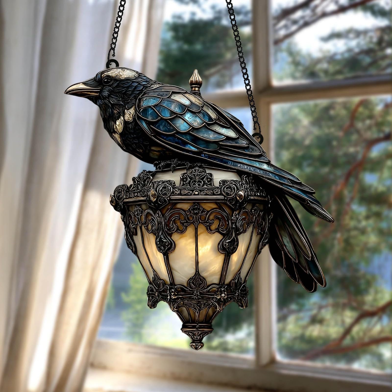 Halloween Black Crow Lantern Suncatcher, Faux Stained Glass Halloween Witch Hat Hanging Window Decor Pendant Halloween Decorations, Acrylic Window Wall Art Decor for Home, Office, Kitchen (20cm)