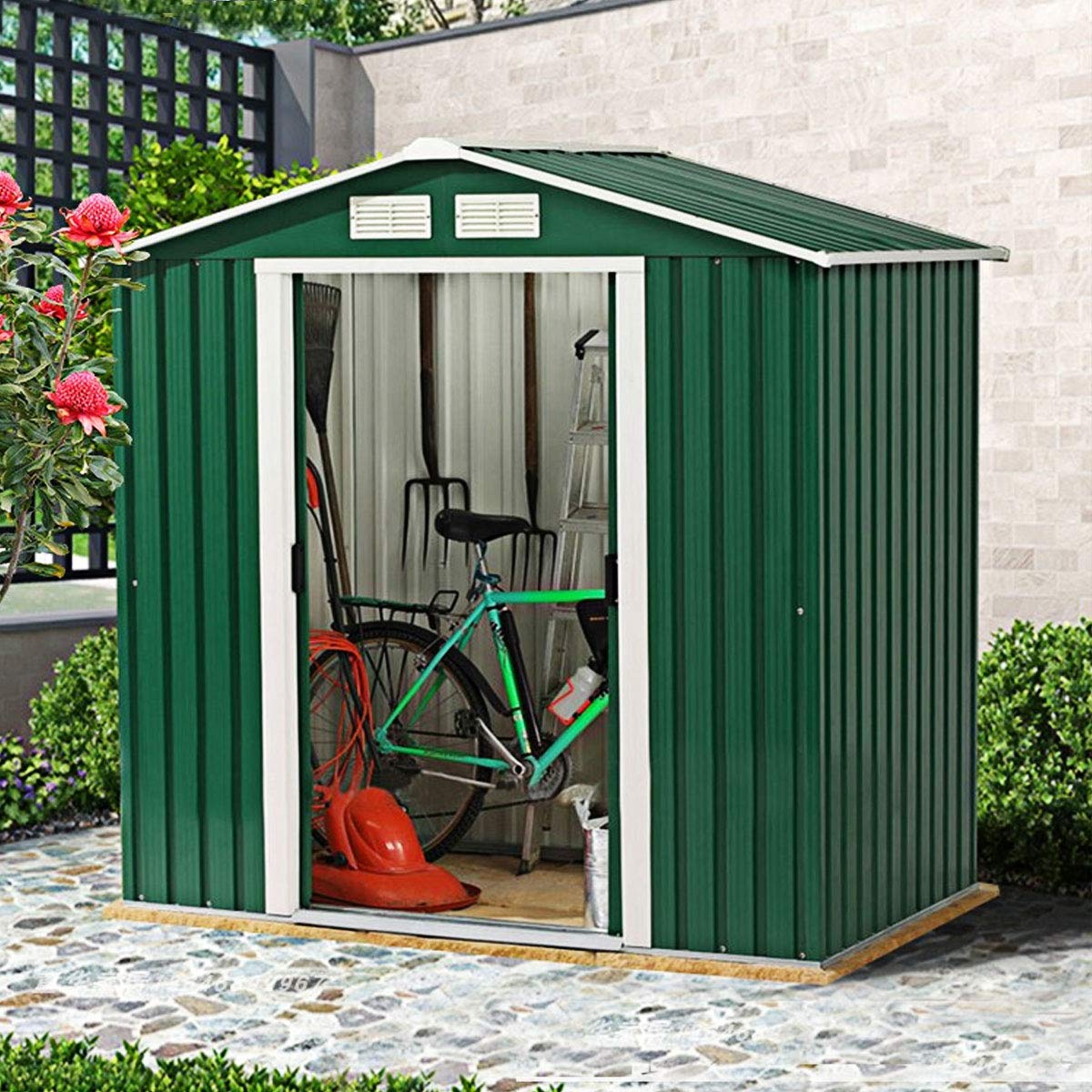 DREAMADE Box Casetta Grande, Casetta da Giardino Esterno, Capanno Magazzino in Lamiera di Metallo, con Porta a 2 Ante e Finestra di Ventilazione, Adatta per Riporre Attrezzi (Verde)