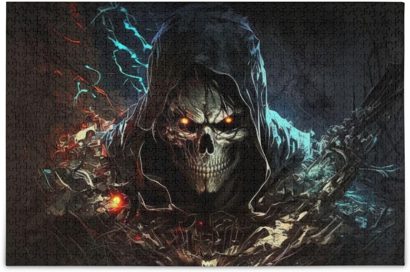 Wooden Jigsaw Puzzle 500 Pieces Dark Skull Print, Zigsaw with Alphabet Partition Storage Bag Easy to Solve for Adults