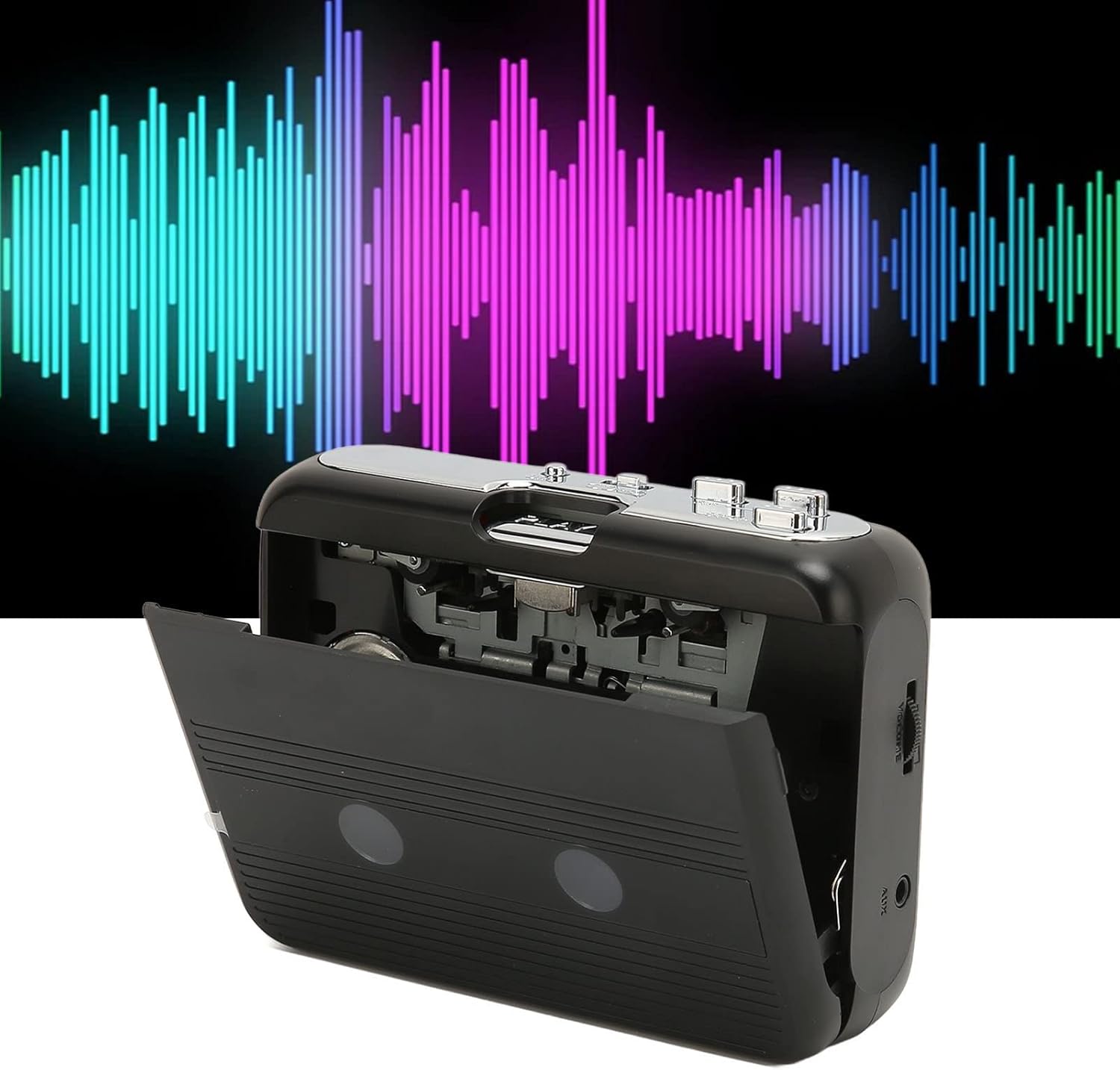 ດ້ານໜ້າ view of the Cuifati Portable Cassette Player with the cassette compartment door open, revealing the tape mechanism.