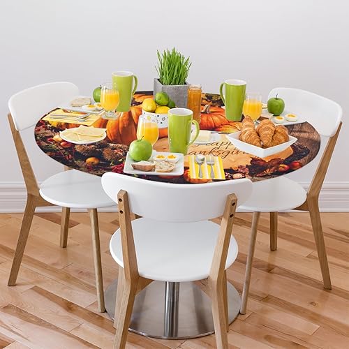 Miniatura 10 de Mantel redondo con borde elástico de calabaza de castillo de Halloween, color verde azulado, mantel redondo ajustable de terror, mantel lavable para
