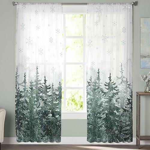 Miniatura 2 de Cortinas semitraslúcidas de bosque de árbol de Navidad de 84 pulgadas de largo para sala de estar, árbol de bosque verde de invierno, con copos de