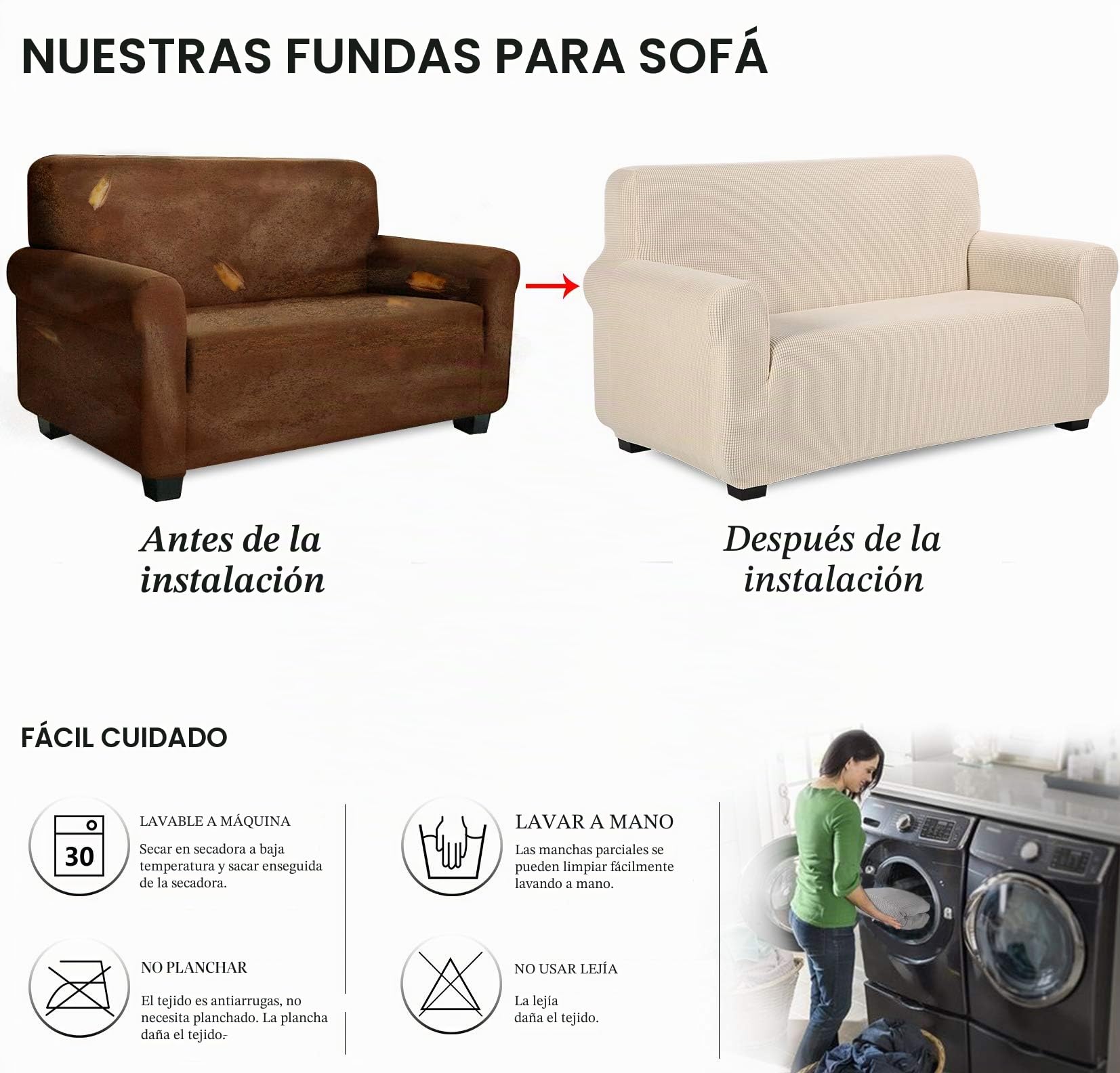 TIANSHU Funda Elástica para Sofá, Funda Sofa 3 Plaza, Ajustables Fundas Sofa Elasticas, Proteger el sofá, Funda de Sofá con Reposabrazos Antideslizante Antimanchas Lavable (Beige)