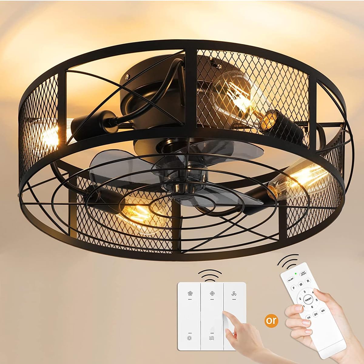 Occuwzz Caged Ceiling Fan with Lights Remote Control 20.5 Inch Black Industrial Low Profile Small Ceiling Fan 6-Speed 1-4 Timer Farmhouse FCC 35W Quiet Reversible