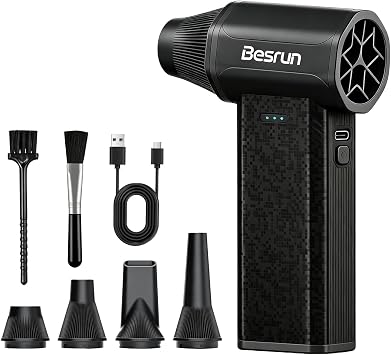 Compressed Air Duster, 110,000 RPM Brushless Motor, 3-Speed Rechargeable Electric Air Duster, Cordless Air Blower for Computer, Keyboard, Car and Home Cleaning, 0.45 lb, 4 Nozzles & 2 Brushes