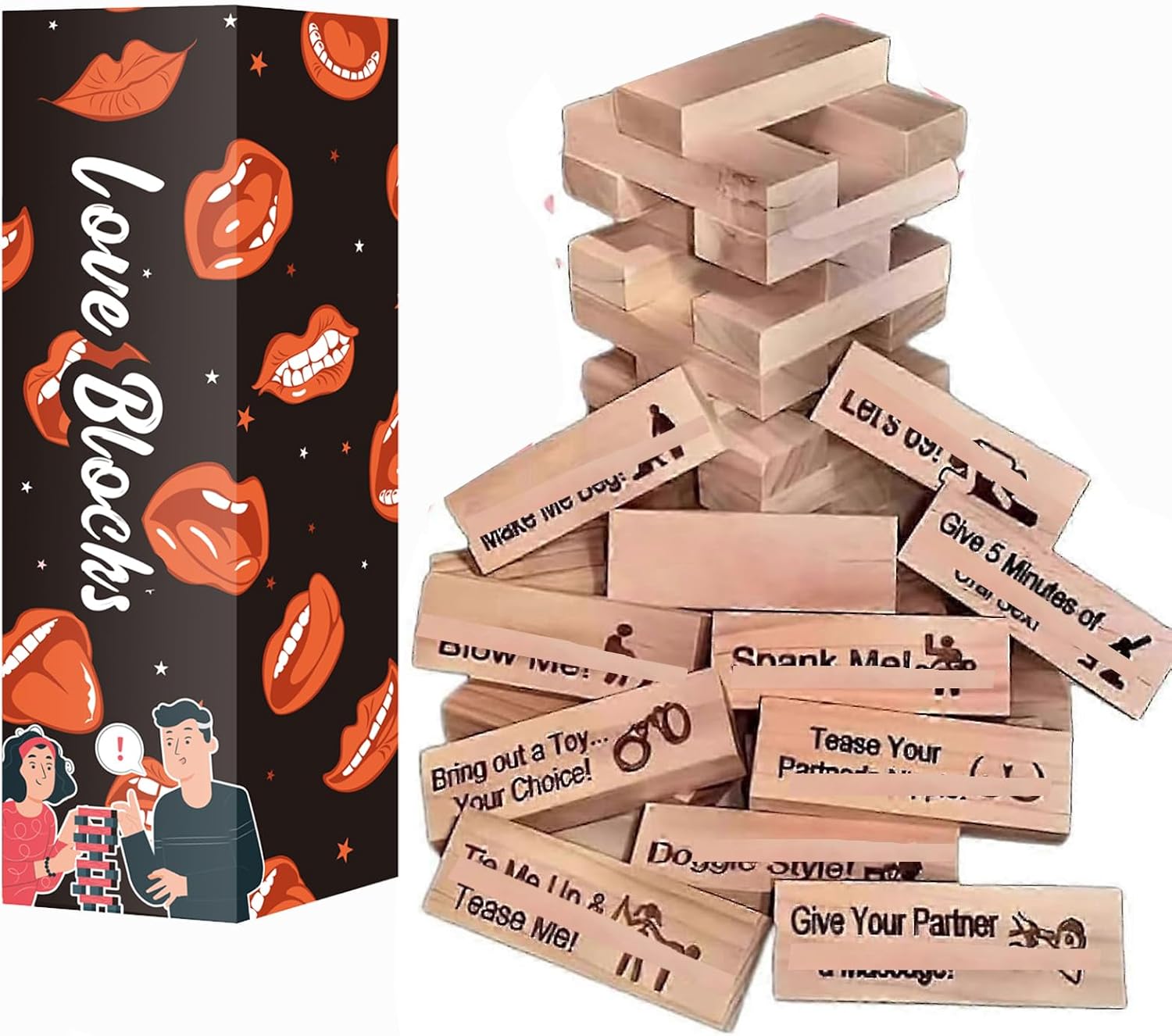 54Pcs Lust Tower – A Bold, Flirty Twist on The Lust Tower for Daring Adults, Valentine Tumbling Tower Stacking Blocks, Date Night Party Game