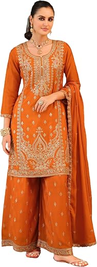 INDO ERA Women's Chinon Ethnic Motifs Embroidered Straight Above Knee Kurta Palazzo with Dupatta Set (IEOUT253)