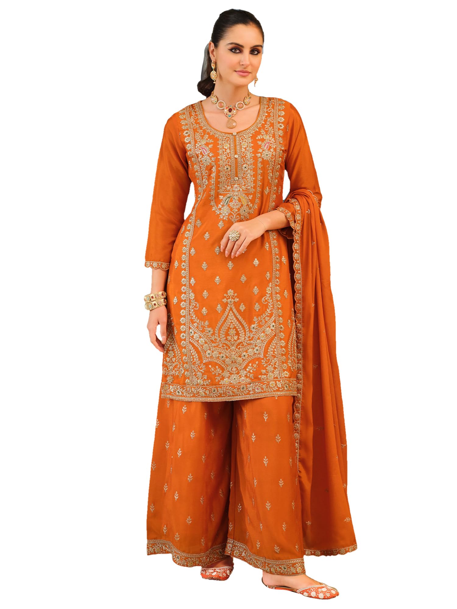 indo era Women's Chinon Ethnic Motifs Embroidered Straight Above Knee Kurta Palazzo with Dupatta Set (IEOUT253)-picture-12