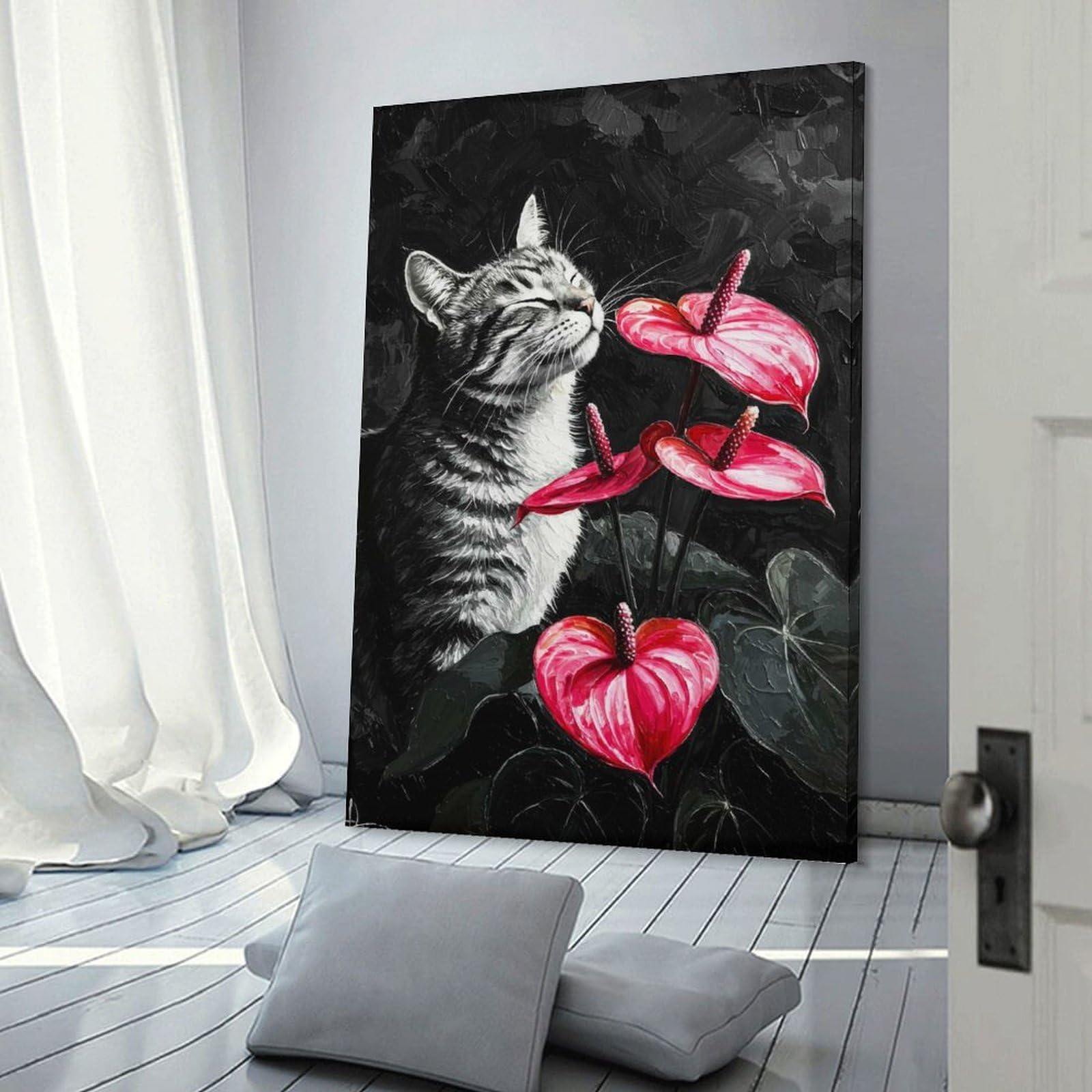 Junmoney Frame-Style-8 Hanging Wall Art Cat And Anthurium Flowers Painting, 24X36inch(60X90cm), For Gallery Wall Layouts In Home Or Office, An Easy Match For Collected Prints