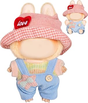 3-Piece Doll Clothes for Labubu & 17cm Dolls Stylish Fisherman Hat Set, Kawaii Doll Outfits with Accessories for Collectors or Display - Light Blue Star No Dolls