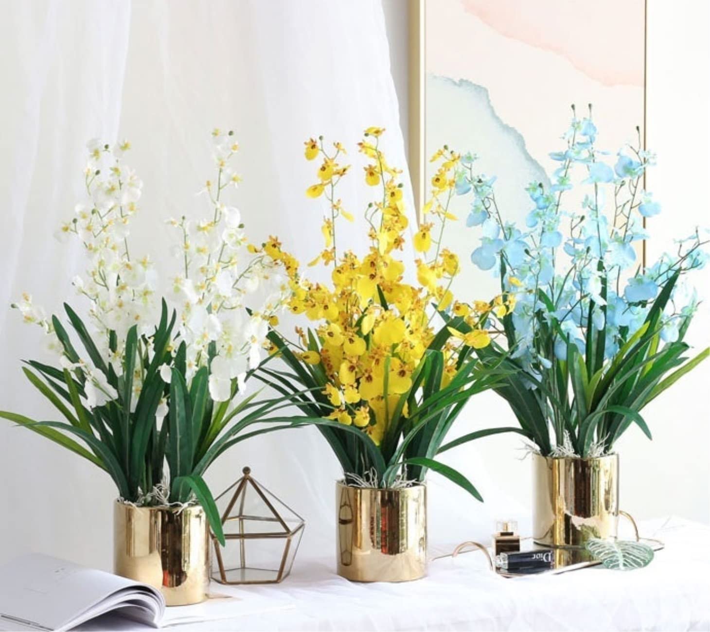 SDdPulse Fiori finti splendidamente in seta artificiale orchidea danzante con vaso in ceramica per la casa bouquet di fiori secchi decorativi, giallo, 65 cm