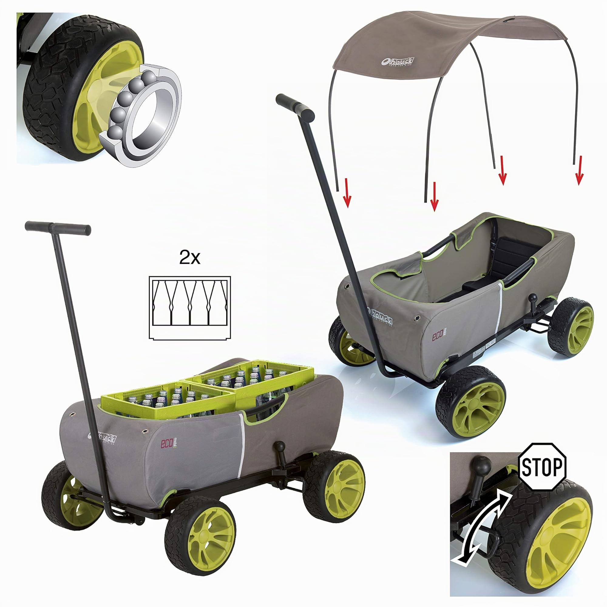 Hauck Chariot de Transport Eco Mobil avec Toit Pare-Soleil, pour Deux Enfants à Partir de 2 Ans, Charge Admissible 50 kg, Stable, Pliable, Frein d'Arrêt, Timon Suspendu et Amovible, Forest