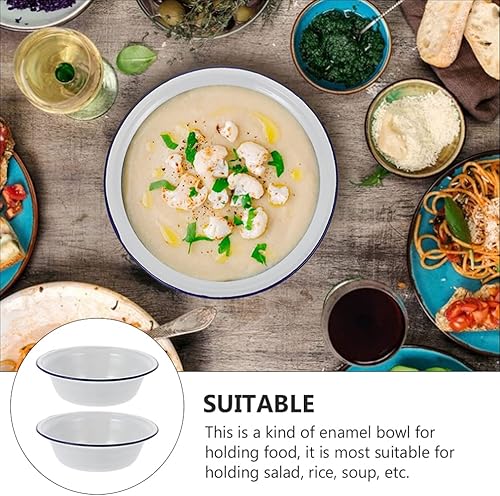 Miniatura 5 de Hemoton 2pcs Estilo Vintage Blanco Esmalte Mezclador Tazón con Negro Trim Esmaltado Metal Grande Clásico Redondo Ensalada Servir Cuenco Cuencas de