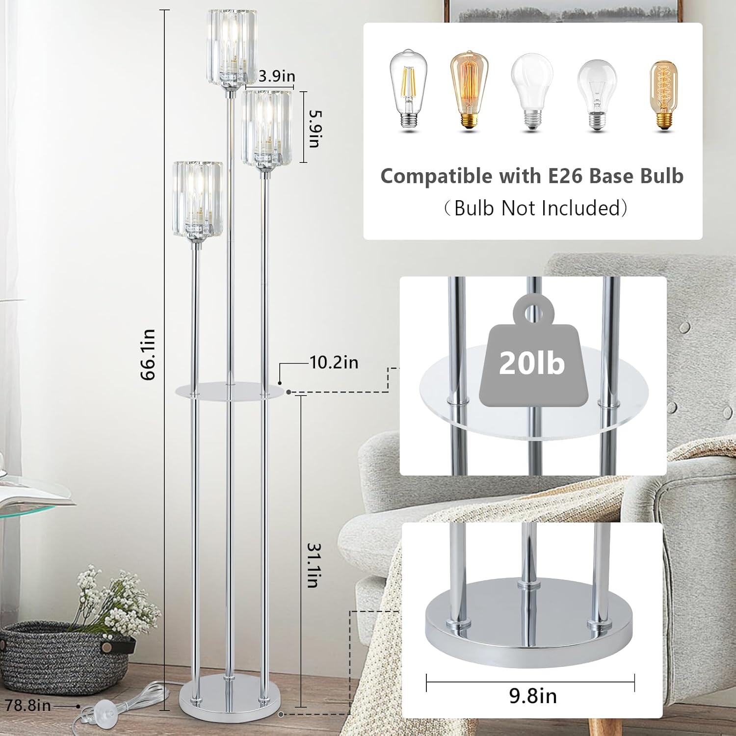 HMVPL Crystal Floor Lamps for Living Room, Modern Floor Lamp with Shelves, 3-Lights Standing Lamp with Crystal Shade, On/Off Foot Switch, Silver Corner Floor Lamp for Bedroom Living Room Office(66")