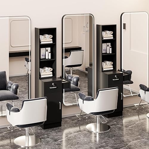 EILLEO Estación de peluquería de peluquería, gabinetes de salón y almacenamiento con un estante de almacenamiento de 3 niveles, gabinete de