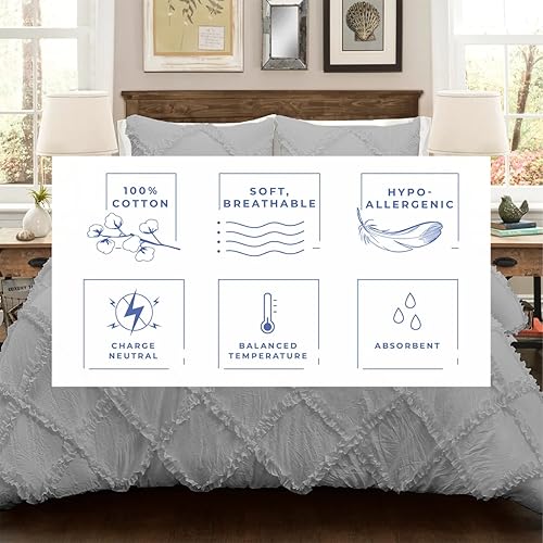 Miniatura 4 de Kotton Culture Funda de edredón de gran tamaño King con volantes de diamantes, 3 piezas, 100% algodón egipcio, transpirable para todas las