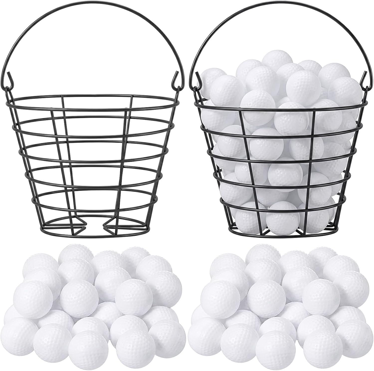 120 Pcs Practice Golf Balls and 2-Pack of Metal Range Golf Ball Baskets with Handle for Indoor or Outdoor Training