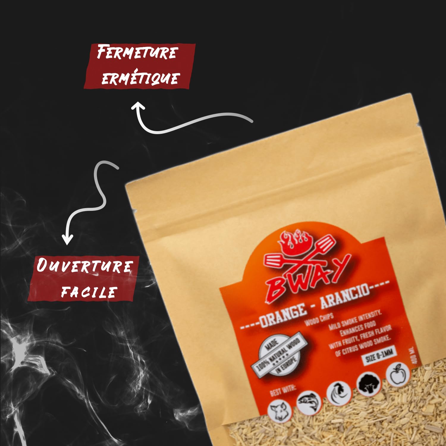 BWAY Sciure de Bois pour Fumage a Froid Saveur Olivier, Oranger, Amandier, Citronnier, Noyer et Chêne compatible avec un Fumoir à Froid | Bois de Fumage avec eBook Offert avec 20 Recettes (6 x 400 ml)