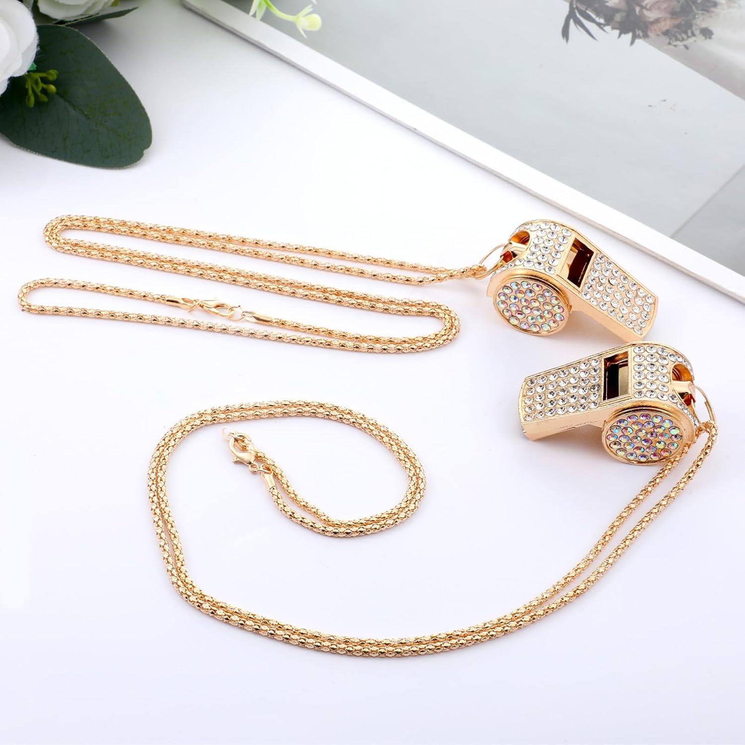 2 Pack Bling Rhinestone Whistles with Lanyard, Metal Whistle Emergency Sports Whistle, Accessories Loud Crisp Sound for Coach Captain Referee Teacher