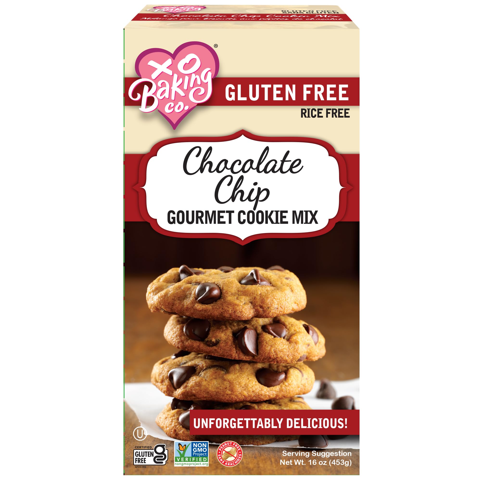 XO Baking Co. Gluten Free Chocolate Chip Gourmet Cookie Mix; Non-GMO; Kosher; Rice Free; Dairy Free; Peanut Free; No Preservatives; No Artificial Flavors or Colors, 16oz