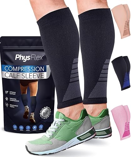 PhysFlex - Mangas de compresión de pantorrilla para hombres y mujeres, paquete de 2 calcetines de compresión sin pies para venas varicosas,