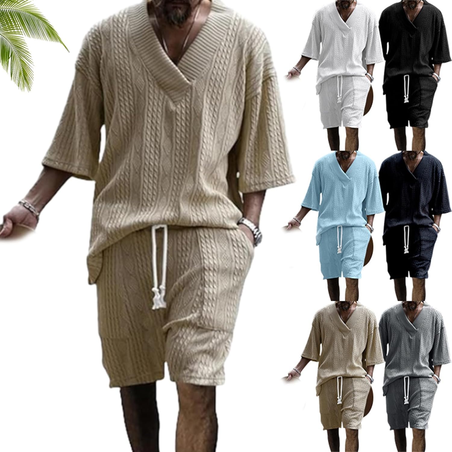 Athleisure Cable Jacquard Set Men, Mens Solid V-Neck 3/4 Sleeve Tee and Shorts, Casual Cable Knit T-Shirt Set Men