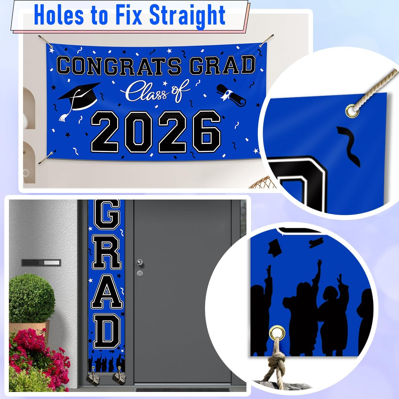 WOHOHOHO 23Pcs Graduation Decorations 2026 Set, Blue Porch Door Sign GRAD Banner, Class of 2026 Backdrop, 5 Colors Large Balloons, Hanging Party Supplies for High School College Indoor Outdoor Decor