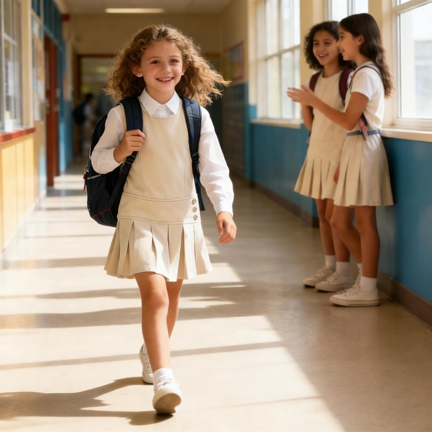 Bienzoe Girls School Uniform Jumper: Stretch Fit Pleated Hem Kids Sleeveless Dress