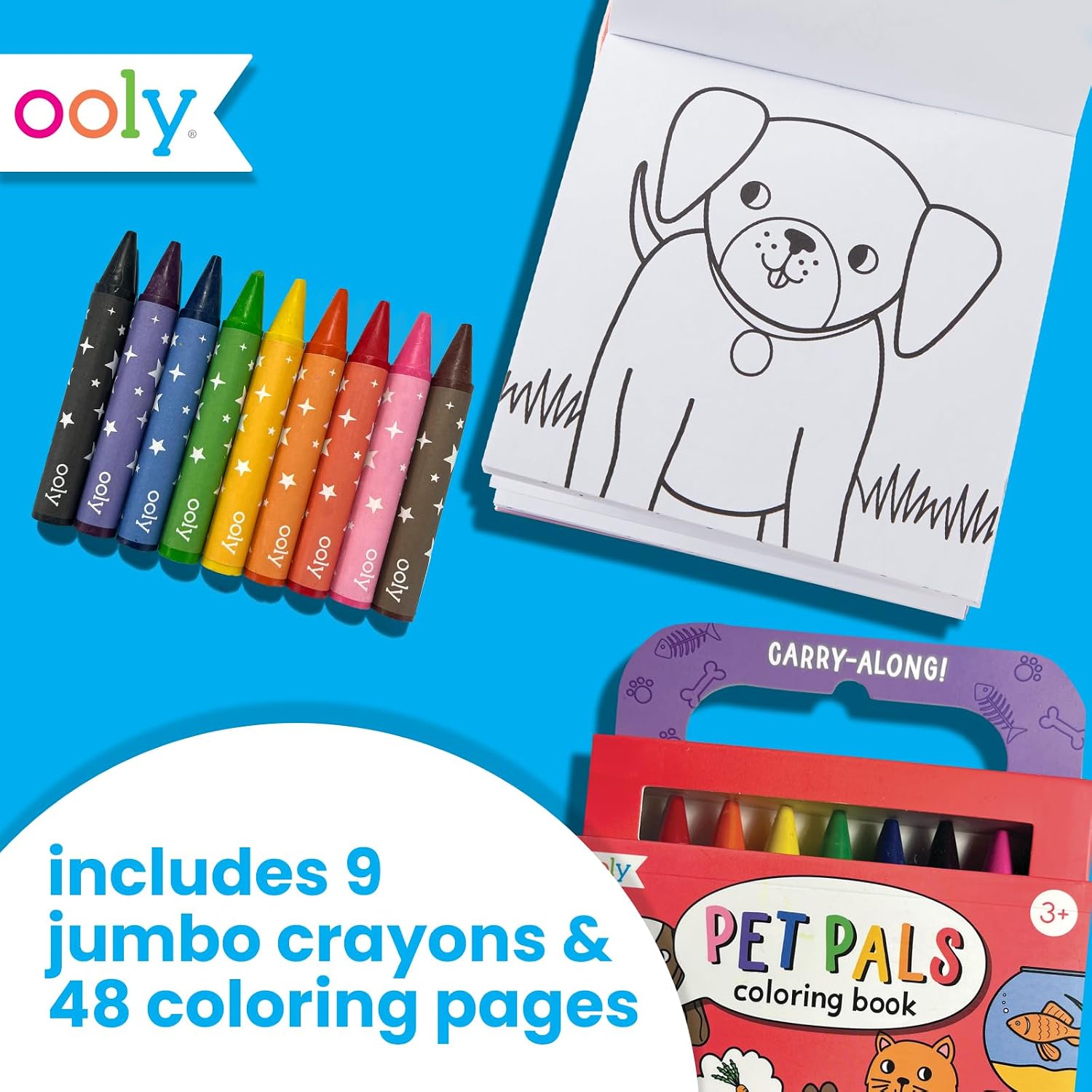 Ooly Travel Art Kit with 9 Jumbo Crayons & 48 Themed Coloring Pages & Case for Easy Traveling Art Creation, Perfect Airplane & Road Trip Activities for Kids - Pet Pals