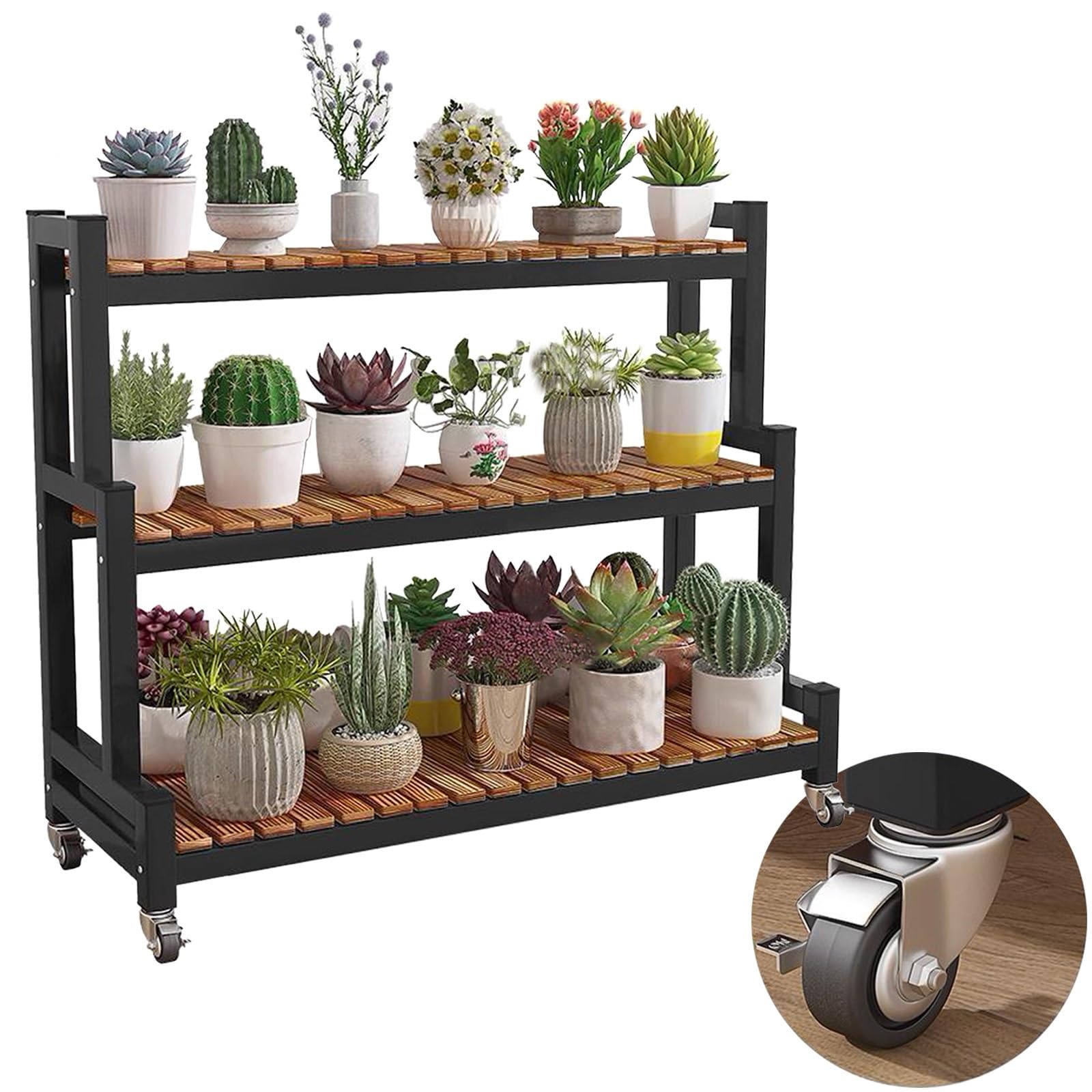 LIGUOYI Pflanzentreppe Blumentreppe Aus Metall Mit Rollen, 2, 3 Ebenen Blumentopf Ständer Platzsparend Blumenregal Pflanzenregal Für Indoor Outdoor Garten Balkon, Organizer Regal Schuhregal