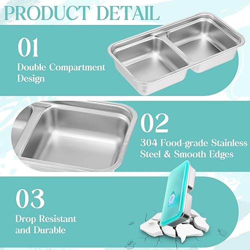 Miniatura 2 de Paquete de 8 recipientes de acero inoxidable para aperitivos, 15 onzas, reutilizables, para llevar con 2 compartimentos, con tenedores, tapas a