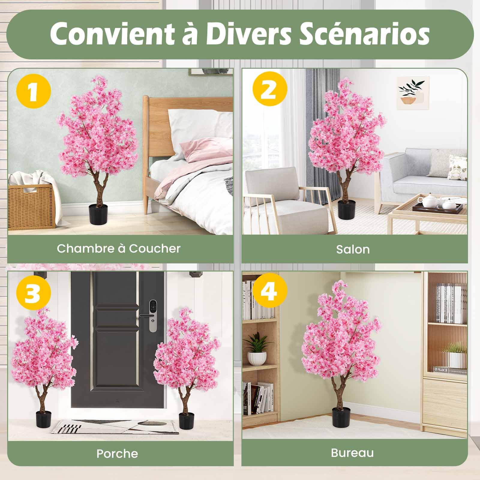 COSTWAY Plante Artificielle en Pot Remplies de Ciment 120CM, Fausse Cerisier avec 900 Fleurs Roses Tronc en Polyéthylène Multi-Branches, Décoration Moderne pour Salon Balcon Bureau