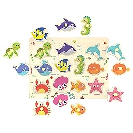 Wooden Peg Puzzle, Sea Creature Chunky Baby Puzzles, Colorful Wood Shape Puzzle Peg Board, Animal Knob Puzzles for Educational Toddlers 18 Months and Up, 11 Pieces