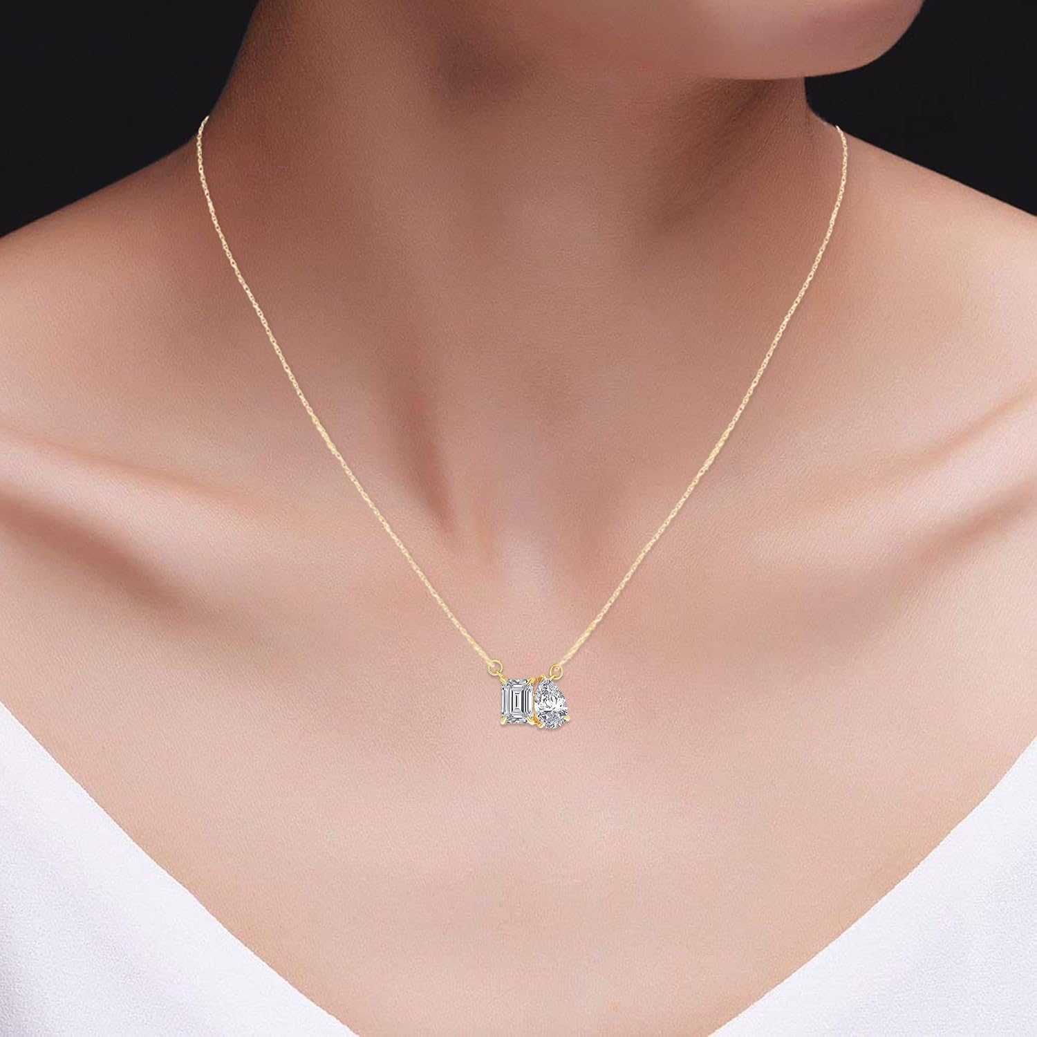 SAVEARTH DIAMONDS 1 3/5 CT 8X5MM Pear & 7X5MM Emerald Cut Lab Created Moissanite Diamond Toi Et Moi 2 Stone Pendant Necklace For Women In 14K Gold Over Sterling Silver With 18" Chain (VVS1, 1.75 Cttw)