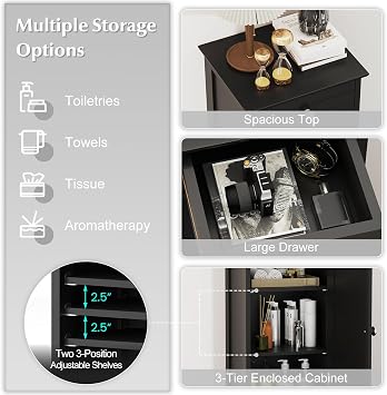 Tangkula Bathroom Floor Cabinet, Free-Standing Single Door Storage Cabinet with Drawer & 2 Adjustable Shelves, Wooden 14L Narrow Side Storage Organizer for Small Spaces, Living Room, Kitchen (Black)