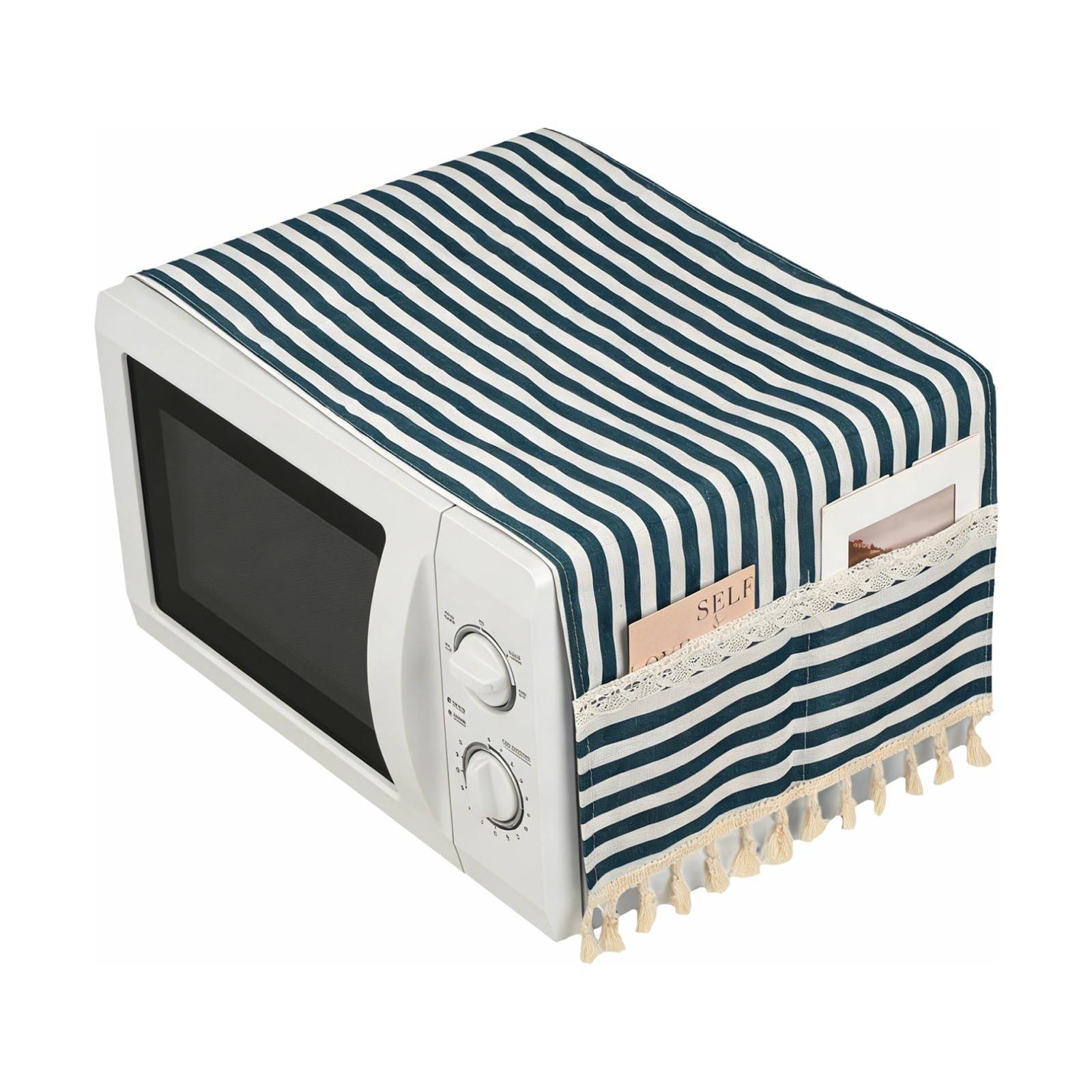 sourcing map Microwave Cloth Cover with Side Storage Pockets 13''x 39''- Waterproof Microwave Dust Proof Cover Fridge Dust Protector for Oven/Washer/Dryer, Stripe Blue