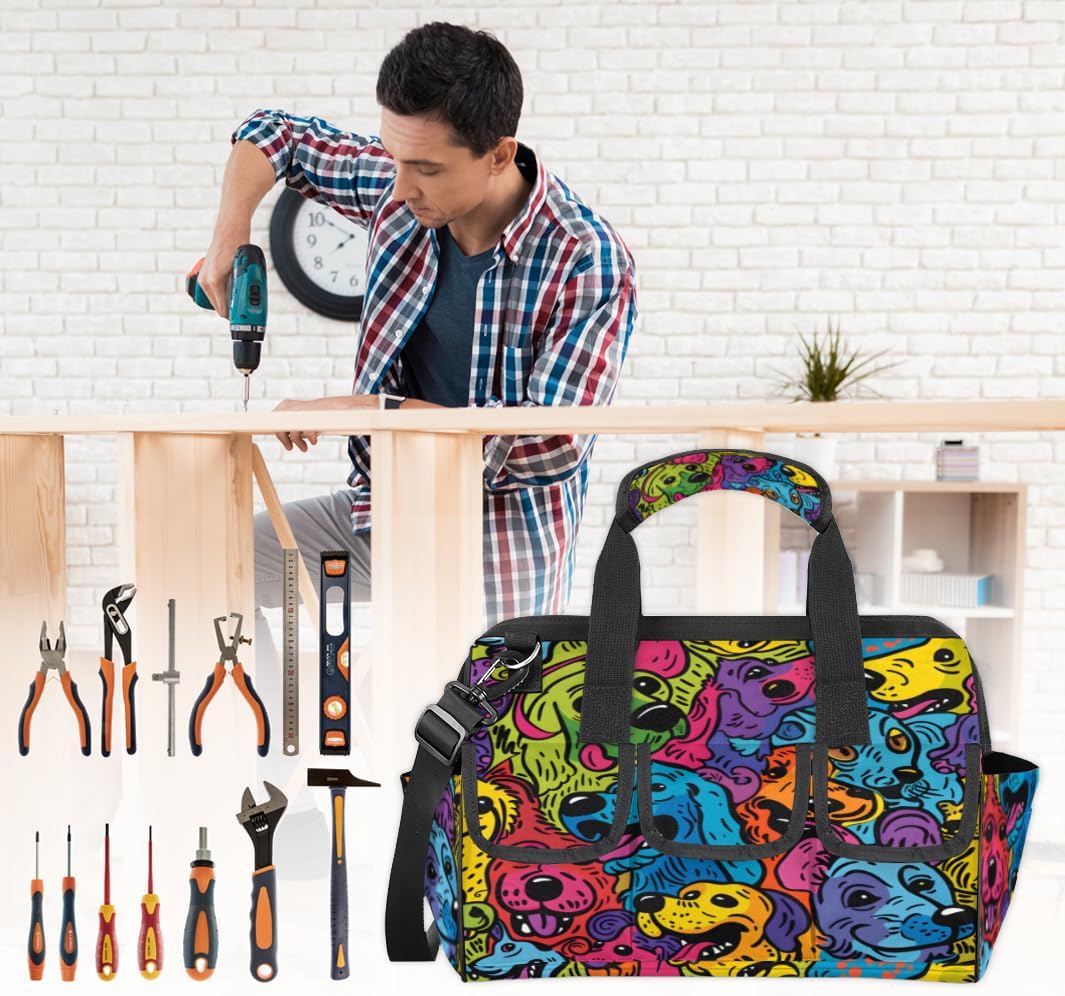 Funny Dogs Tool Bag for Men and Women, 14.8inch Heavy Duty Tools Tote Organizer Bags, Waterproof Tool box Storage Bag with Adjustable Shoulder Strap