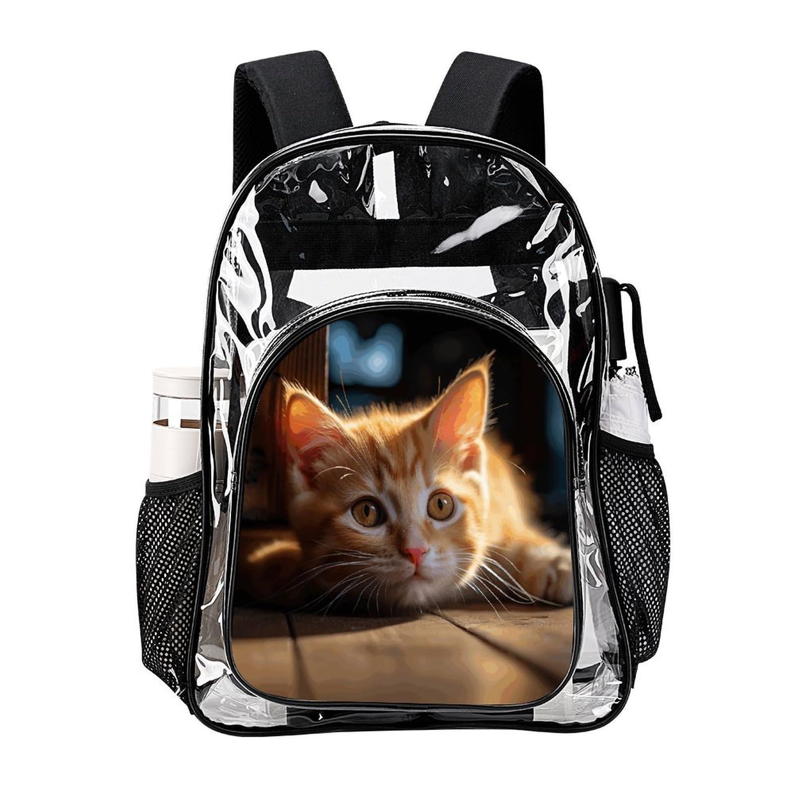 Piccolo zaino trasparente con gatto arancione, grande, in PVC trasparente, per sicurezza, lavoro, viaggi, stadio