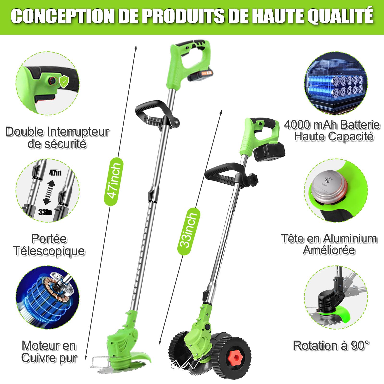 Coupe Bordure Débroussailleuse à Batterie électrique sans Fil avec Batterie et Lame de Rechange,pour La Coupe De Jardin