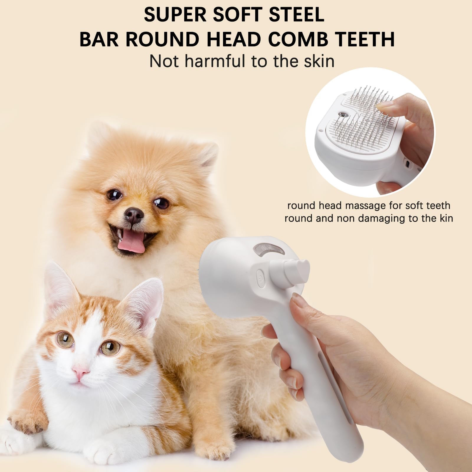 Cepillo de vapor para mascotas para perros y gatos – 3 en 1 para eliminar el desprendimiento, spray de vapor y herramienta de aseo autolimpiante – Ideal para gatos de pelo largo y corto – Incluye 2