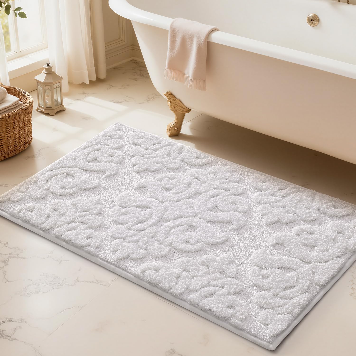 LUMI Bathroom Rugs Non Slip Rubber Backing, Ultra Soft Microfiber Bath Mat Machine Washable, Elegant Floral Bath Rugs for Shower Floor, Bathtub, Sink, 24x36, White