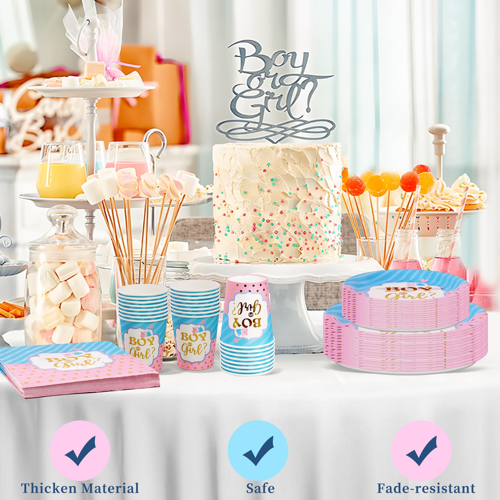 Gender Reveal Party Service voor 16 Gasten, He or She, Roze of Blauw, Borden en Bekers