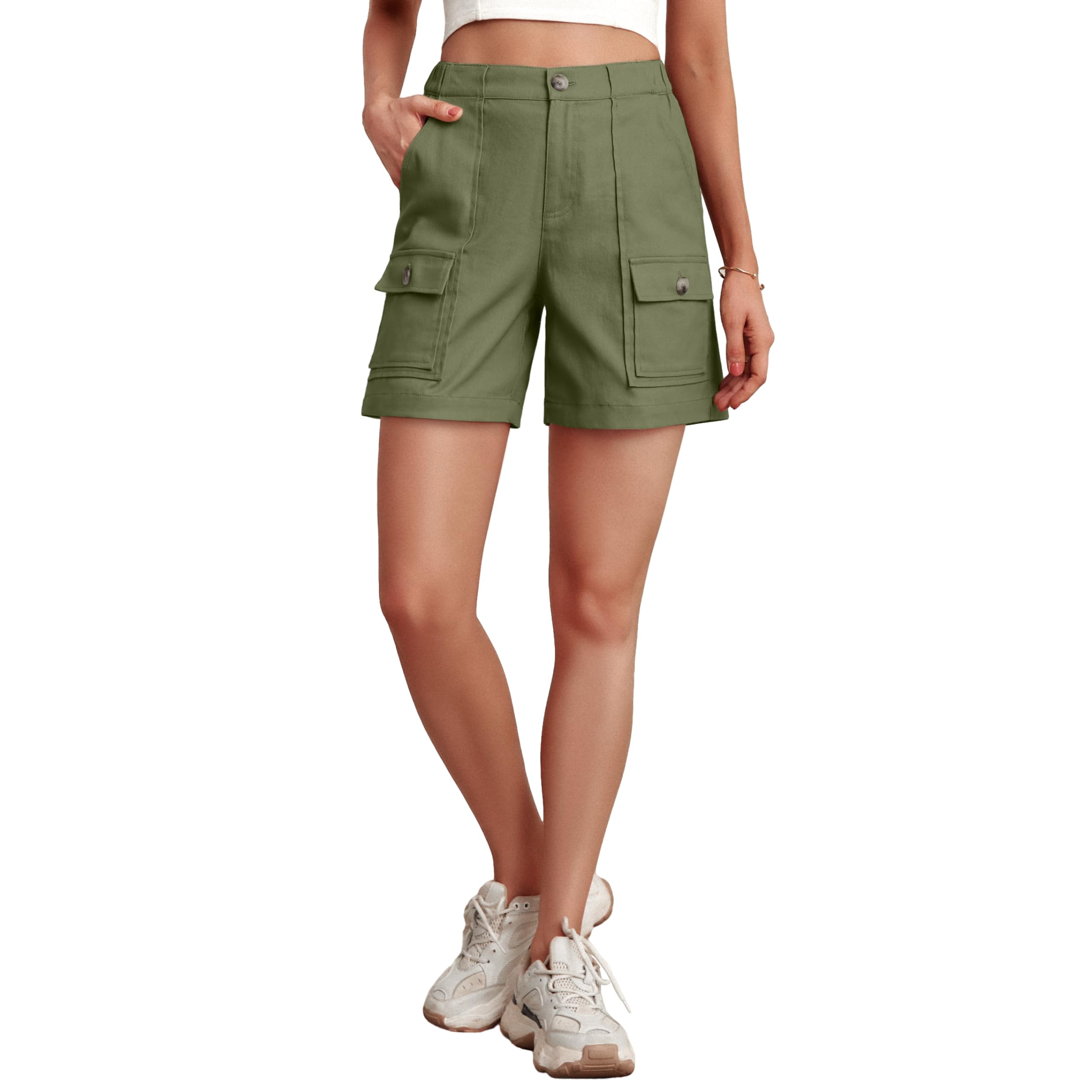 Lepunuo Cargo Shorts for Women Baggy Casual Elastic Waist Shorts Relaxed Fit Stretch Cargo Shorts with 6 Pockets