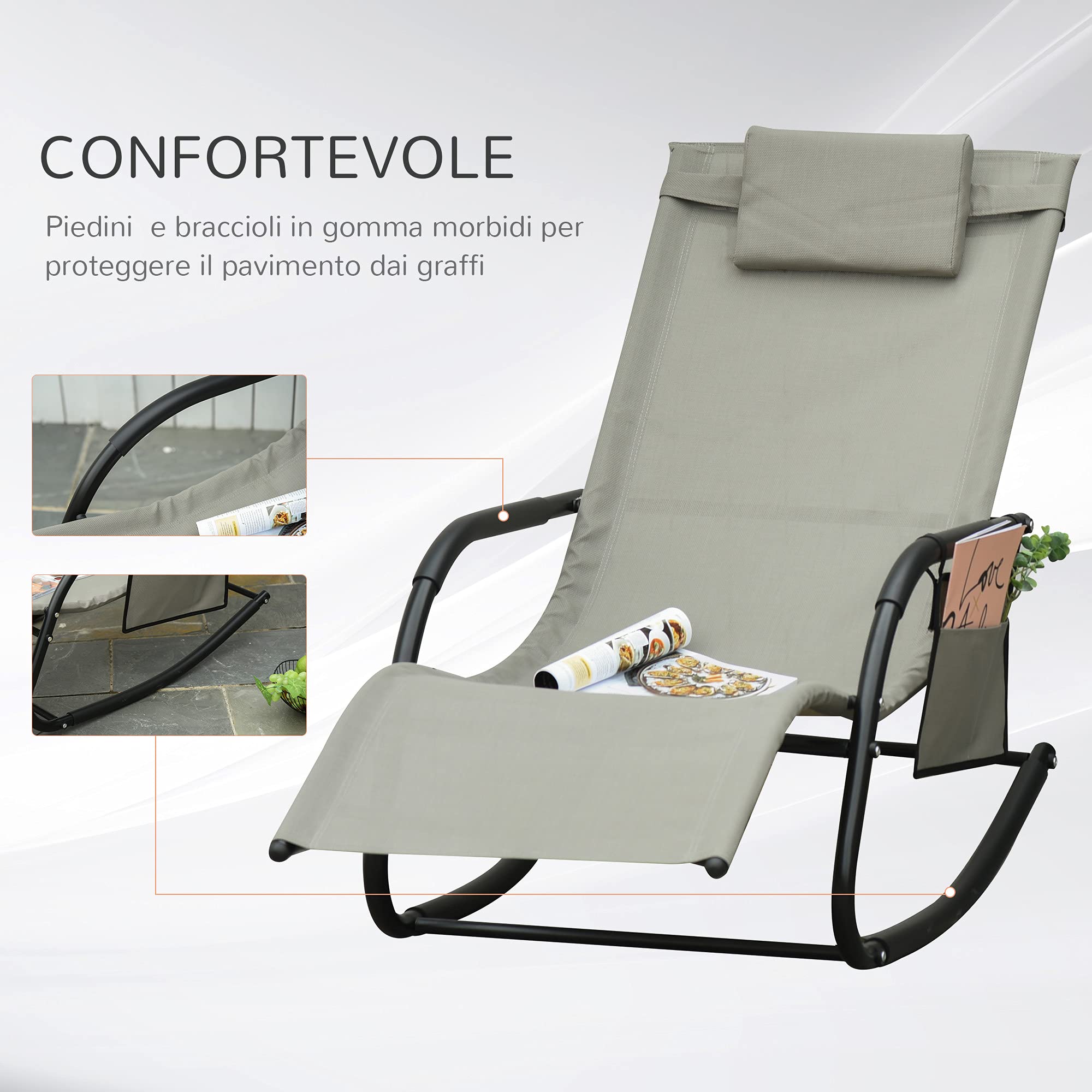 Outsunny Poltrona a Dondolo da Giardino, Lettino Sdraio da Esterno con Poggiatesta e Tasca Laterale, 150x62x88 cm, Nero e Grigio
